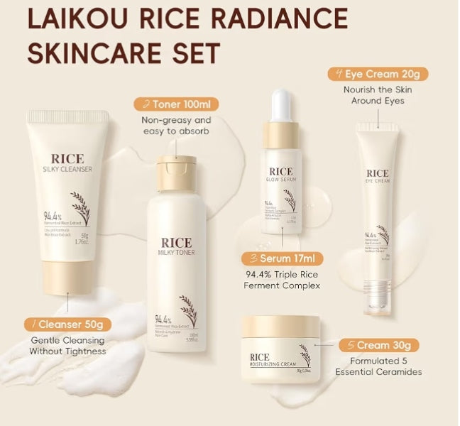 LAIKOU Skin Care Set, Korean Skin Care with Rice Cleanser, Toner, Serum, Eye Serum, Moisturizing Cream 5pcs for Women Teen Girls Mom Daughter Mother's Day Birthday Christmas Lover Korean Beauty